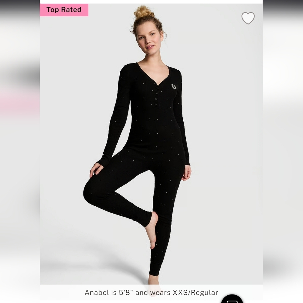 Rhinestone Studded Bling Waffle Weave Romper Pajamas Long Sleeve Thermal XS S - Picture 2 of 16